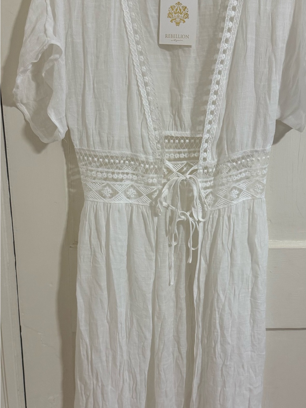Rebellion White Cotton Lace-Trim Maxi Dress